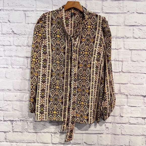 Shein Curve Long Sleeve Geometric Print Blouse Size 1XL Office Career Boho - Picture 2 of 8